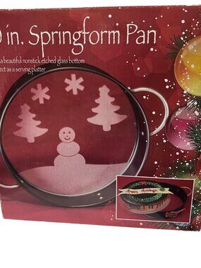 Springform 10" Pan Decorative Snowman Trees Holiday Etched Glass Bottom Open Box